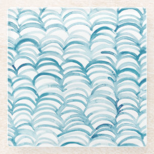 Blue Wave Japanese Style PatternIllustration Glass Coaster