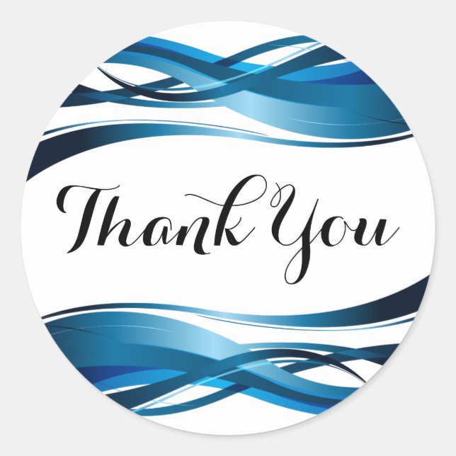Blue Wave Modern Abstract Thank You Classic Round Sticker (Front)
