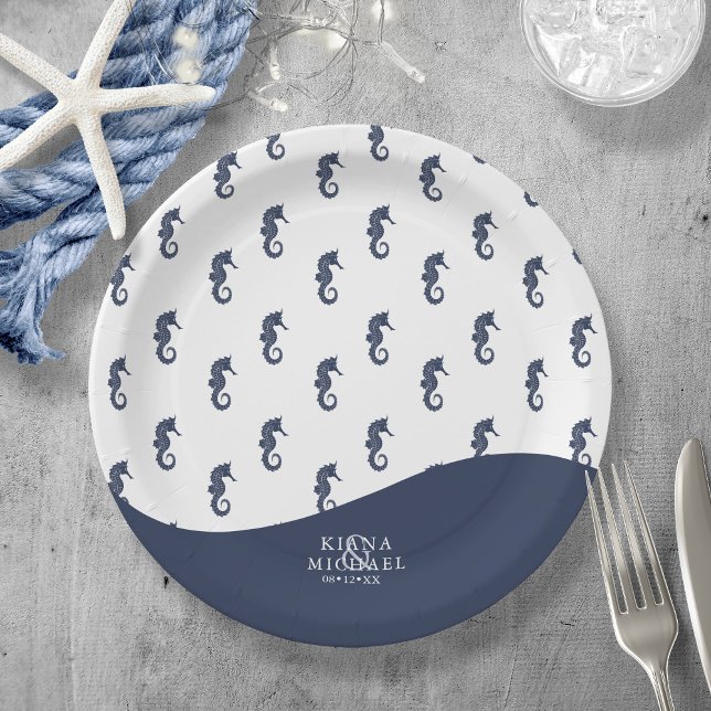 Blue Wave Seahorse Pattern Wedding V1 ID836 Paper Plate (Creator Uploaded)