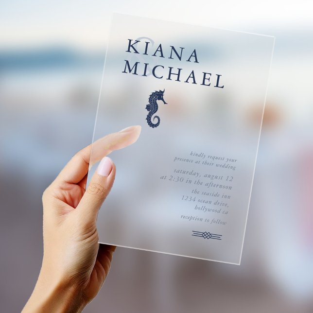Blue Wave Seahorse Wedding Navy ID836 Acrylic Invitations (Creator Uploaded)