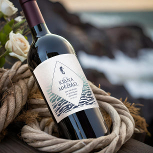 Blue Wave Seahorse Wedding Thank You ID836 Wine Label