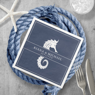 Blue Wave Seahorse Wedding Wht/Navy ID836 Napkin