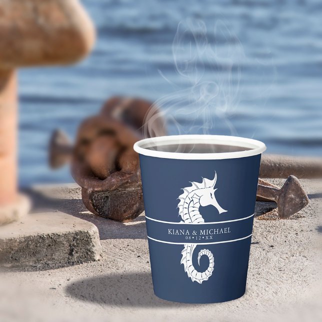 Blue Wave Seahorse Wedding Wht/Navy ID836 Paper Cups (Creator Uploaded)