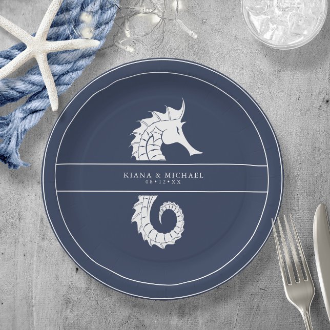 Blue Wave Seahorse Wedding Wht/Navy ID836 Paper Plate (Creator Uploaded)