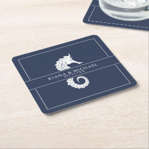 Blue Wave Seahorse Wedding Wht/Navy ID836 Square Paper Coaster