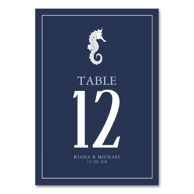 Blue Wave Seahorse Wedding Wht/Navy ID836 Table Number (Front)