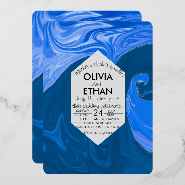 Blue waves abstract art Wedding Foil Invitation (Front/Back)
