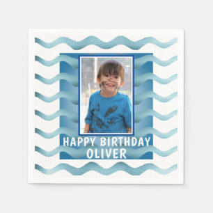 Blue Waves Boy Photo Birthday Party Napkin