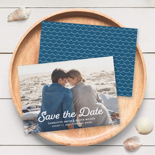 Blue Waves Full Photo Save the Date Card (Creator Uploaded)