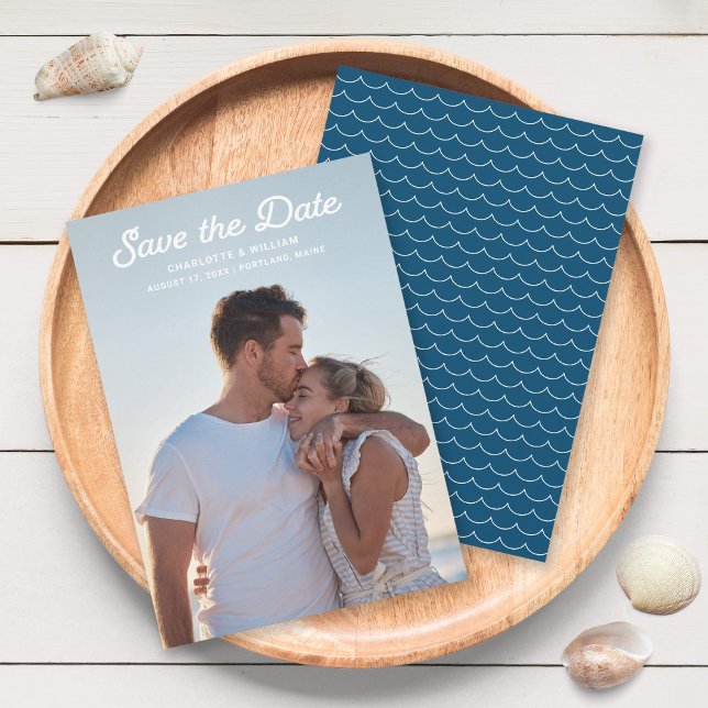 Blue Waves Full Photo Save the Date Card (Creator Uploaded)