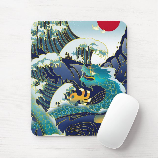 Blue Waves Green Dragon Red Sun Skateboard Mouse Pad (With Mouse)