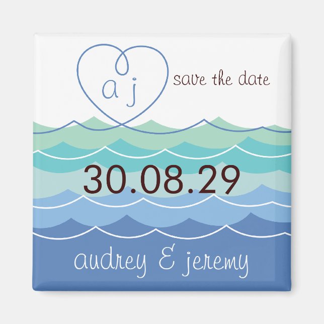 Blue Waves Loopy Heart Save The Date Custom Magnet (Front)