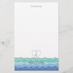 Blue Waves Loopy Heart Thank You Stationery
