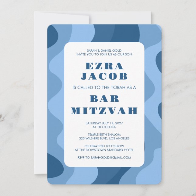 Blue Waves Modern Abstract Custom Bar Mitzvah Invitation (Front)