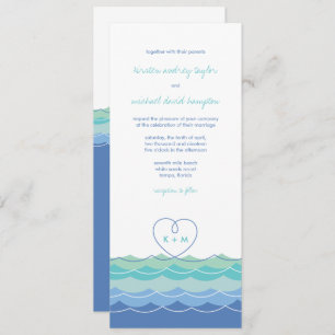 Blue Waves Modern Loopy Heart Beach Wedding Invite