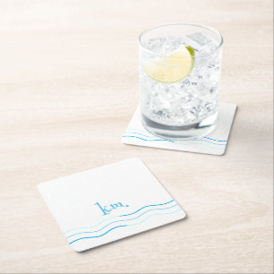 Blue Waves Monogram Square Paper Coaster