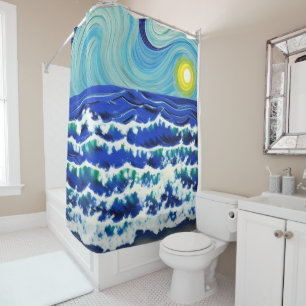 Blue Waves Moon Dancing in the Ocean Shower Curtain
