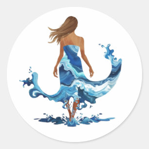 Blue Waves Ocean Girl Classic Round Sticker