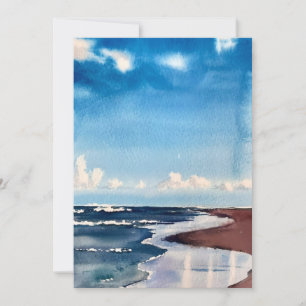 Blue Waves On Beach In Watercolors Holiday Card
