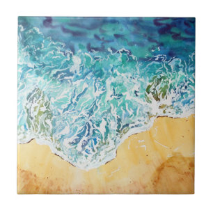 Blue Waves on Sand Beach Ceramic Tile
