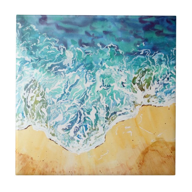 Blue Waves on Sand Beach Ceramic Tile (Front)
