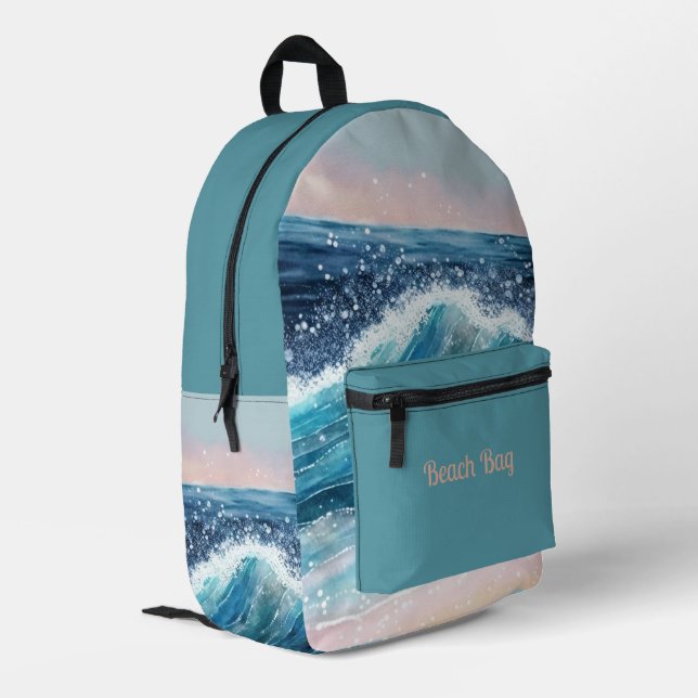 Blue Waves on the Beach  Printed Backpack (Back Corner Left)