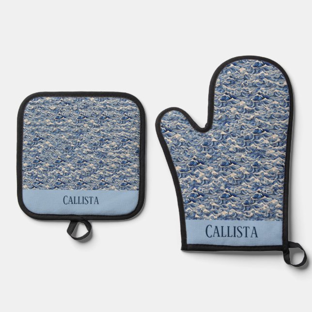Blue Waves Oven Mitt & Pot Holder Set (Front)
