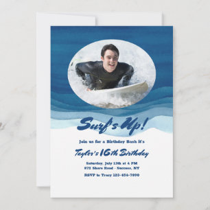 Blue Waves Photo Birthday Invitation