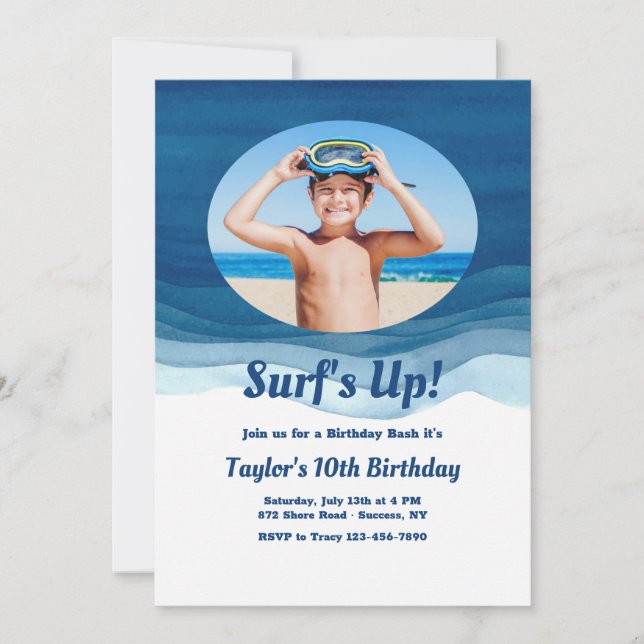 Blue Waves Photo Birthday Invitation (Front)