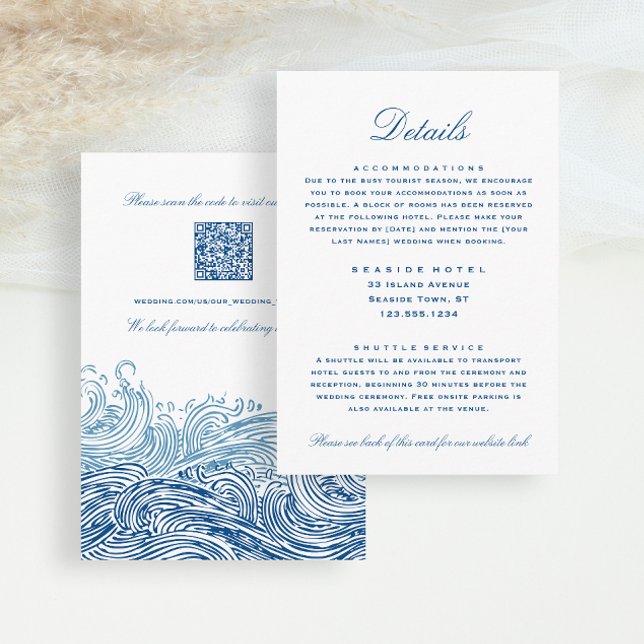 Blue Waves Wedding Details Hotel Info QR code Enclosure Card (Blue Nautical Waves wedding details hotel information insert card from Concertina Press)