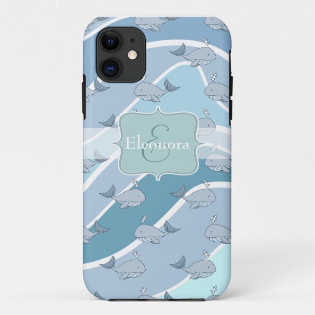 Blue Waves, Whale Seamless Pattern Case-Mate iPhone Case (Back)