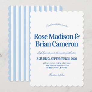 Blue Wavy Cabana Stripes Wedding Invitations