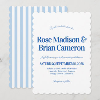 Blue Wavy Cabana Stripes Wedding Invitations