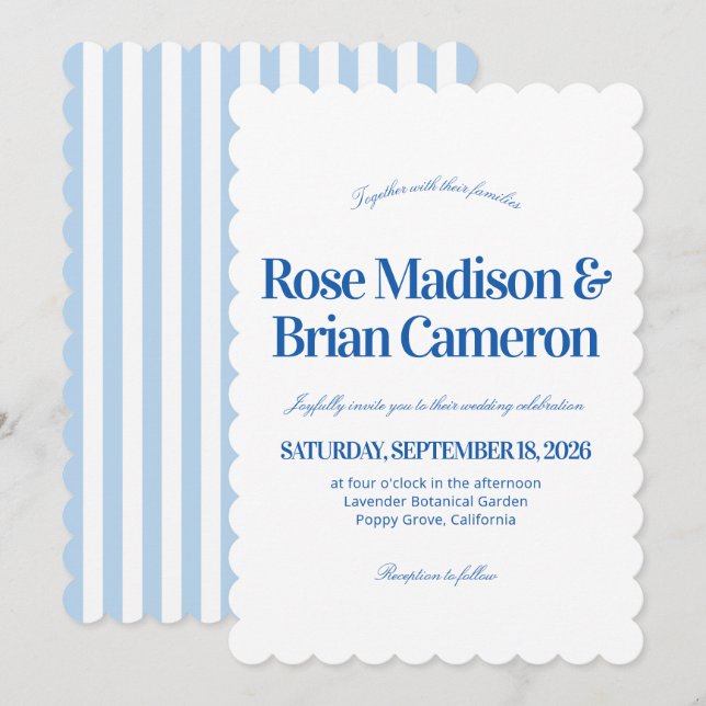 Blue Wavy Cabana Stripes Wedding Invitations (Front/Back)
