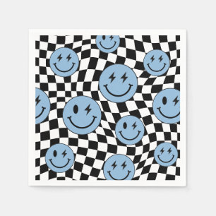 Blue Wavy Checkered Retro Preppy Smile Birthday Napkin