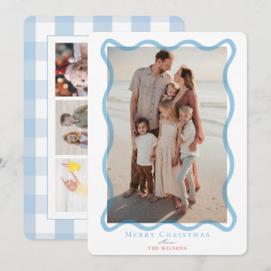 Blue Wavy Frame 4 Photos Christmas Holiday Card