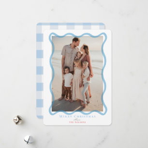 Blue Wavy Frame Photo Christmas Holiday Card