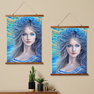 Blue Wavy Hair Fantasy Girl Abstract Fine Art Hanging Tapestry