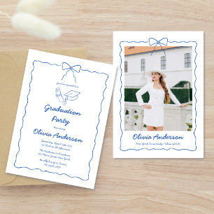 Blue Wavy Hand Drawn Bow Photo Graduation Party Invitation