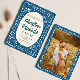 Blue Wavy Handwritting Modern Wedding Invitation