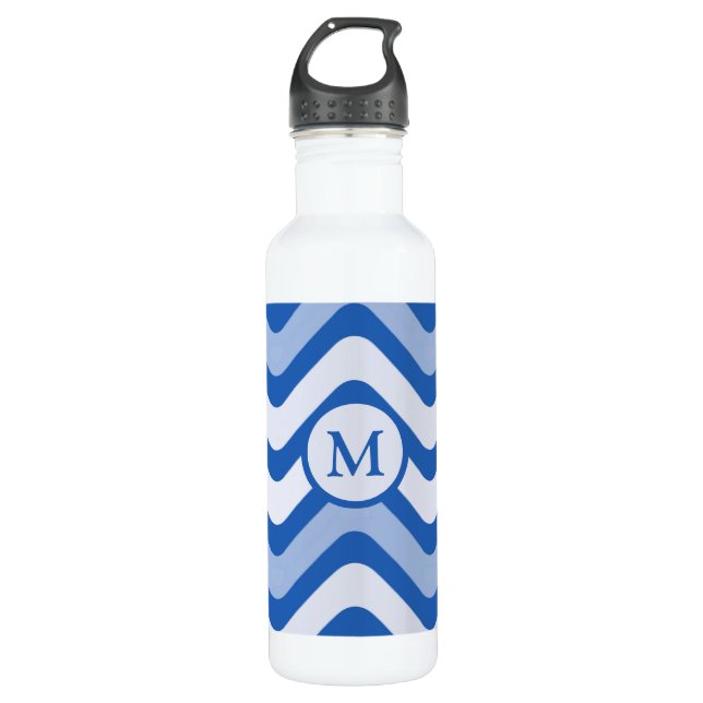 Blue Wavy Lines Monogram 710 Ml Water Bottle (Front)
