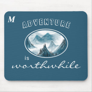 Blue Wavy Mountain Monogram Inspiring Quote Mouse Pad