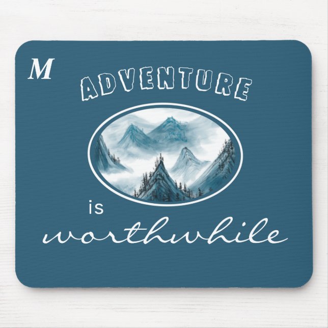 Blue Wavy Mountain Monogram Inspiring Quote Mouse Pad (Front)