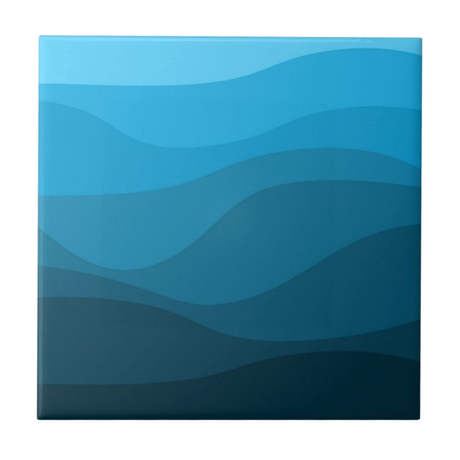 Blue wavy ocean retro style waves design ceramic tile (Front)