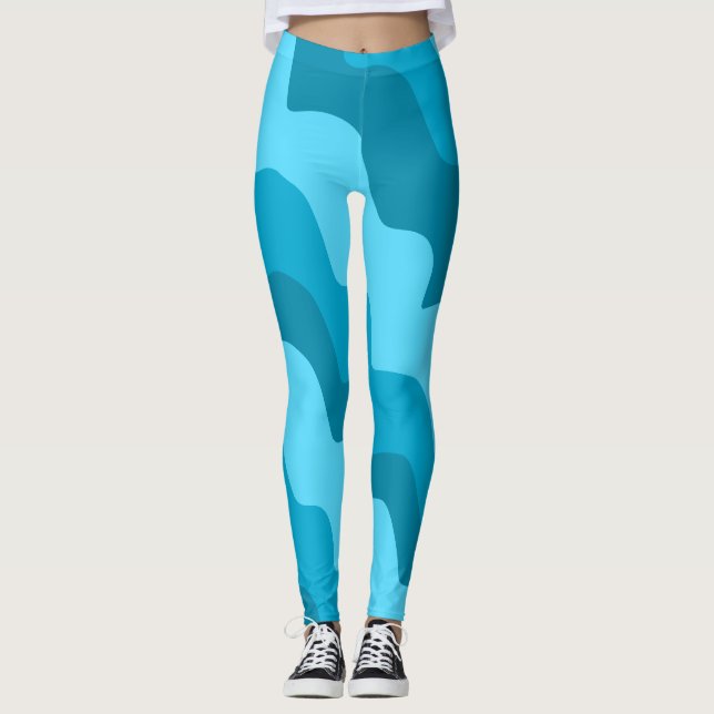 Blue wavy ocean waves gradient  leggings (Front)