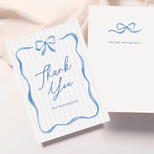 Blue Wavy Ribbon Bow Baby Shower Flat Thank You Card
