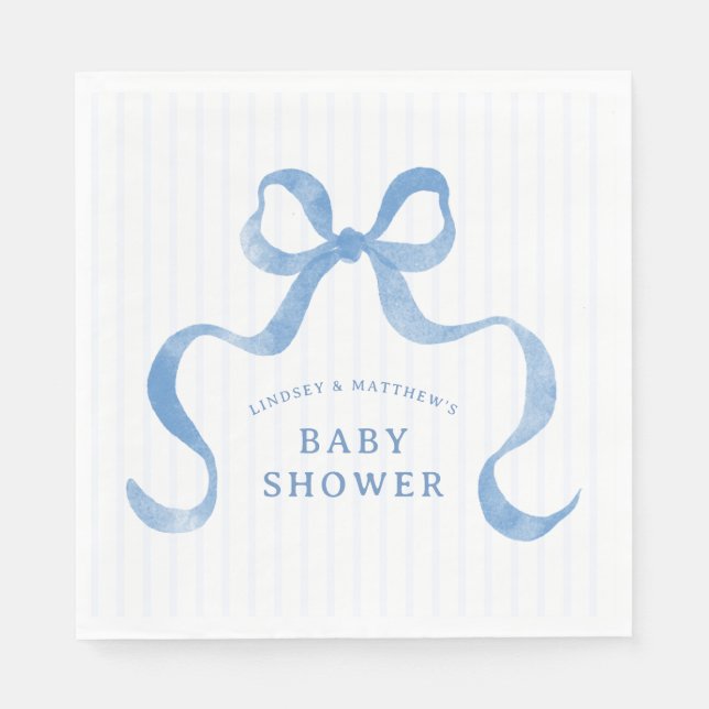 Blue Wavy Ribbon Bow Baby Shower Napkin (Front)