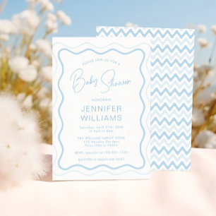Blue Wavy Scallop Frame Baby Boy Shower Invitation