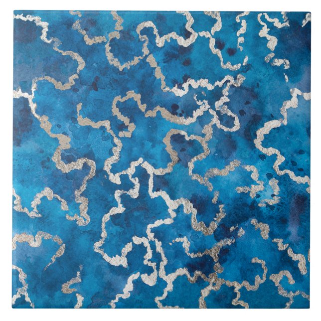 Blue Wavy Watercolor Texture Ceramic Tile (Front)