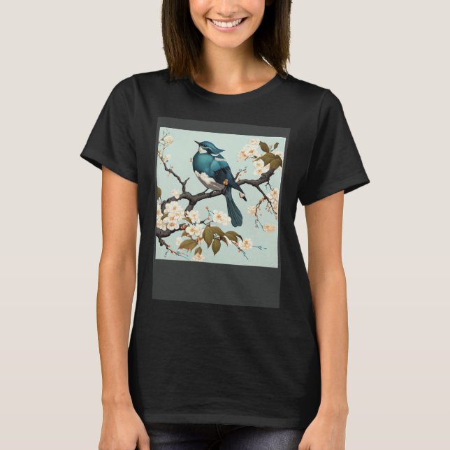 Blue waxbill Bird in Japanese white Cherry Blossom T-Shirt (Front)